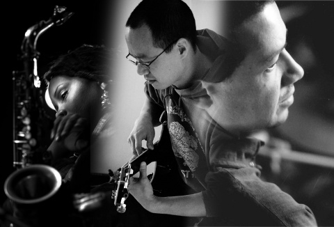 Matana Roberts, Han-earl Park and Mark Sanders (original photos by Brett Walker, Stephanie Hough and Andrew Putler)